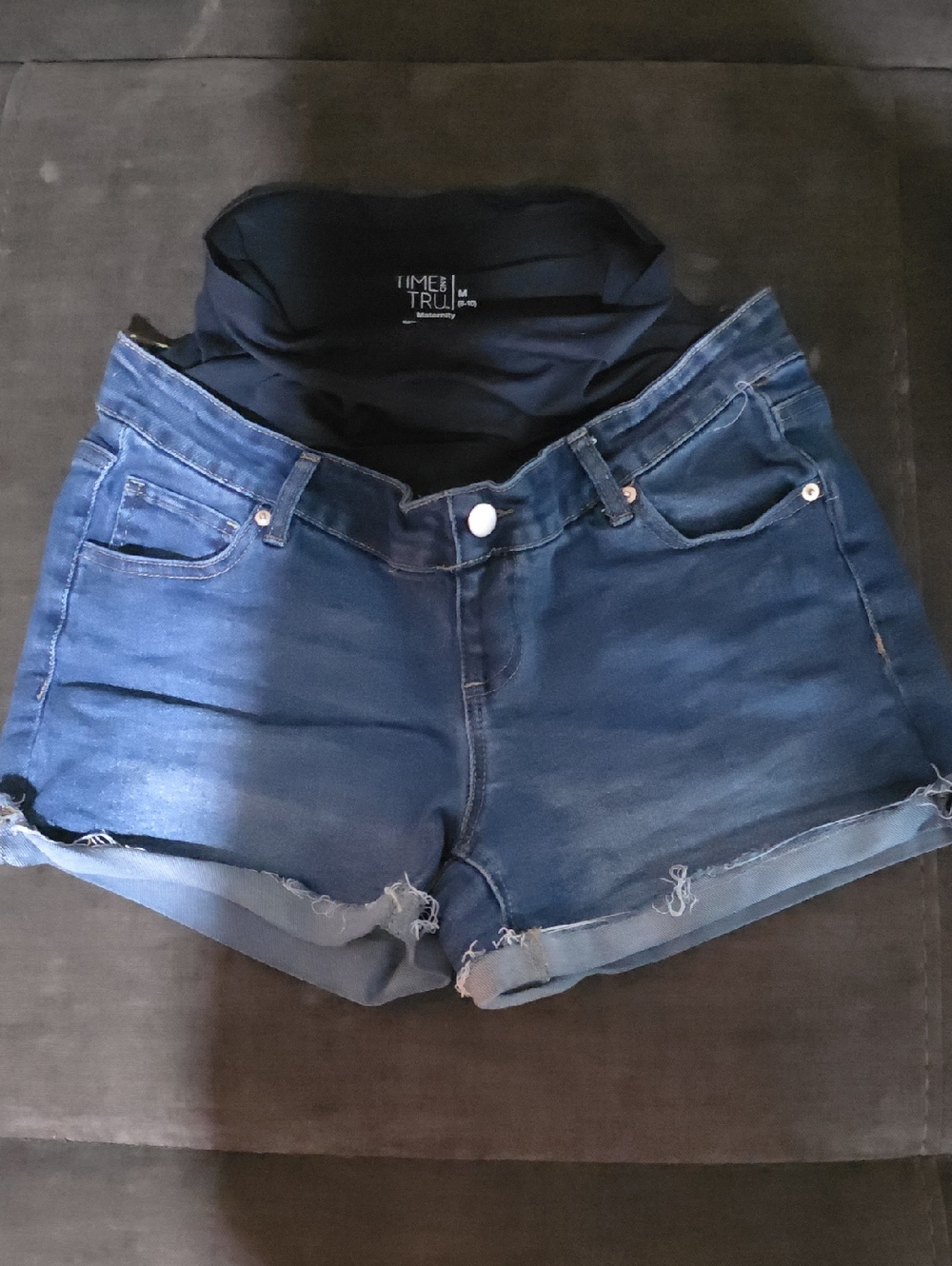 Time and Tru Dark Blue Denim Maternity Shorts with Black Over-Belly Panel